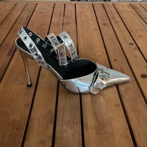 ASOS DESIGN Pilot buckle detail high heeled shoes silver | New without Box SZ8